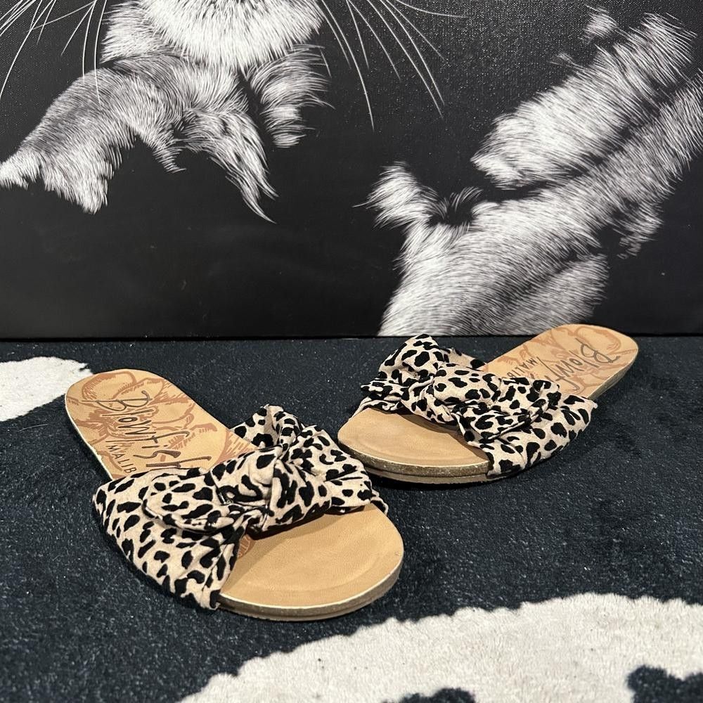 Blowfish Malibu Slide Sandal Women's Beige Leopard Knotted Bow Slip-On Casual